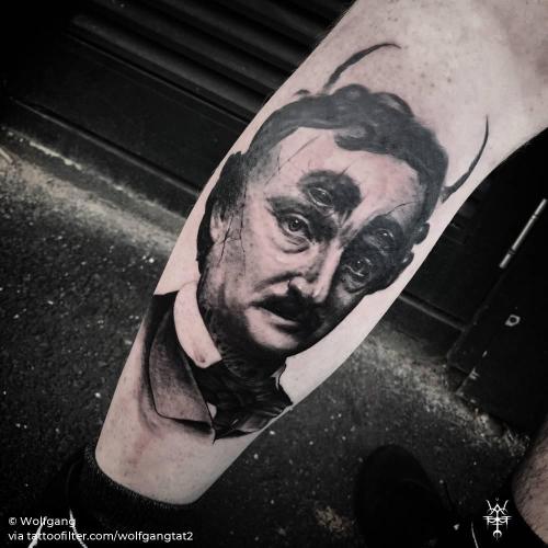 By Wolfgang, done in Melbourne. http://ttoo.co/p/35748 black and grey;calf;devil;edgar allan poe;facebook;famous character;medium size;mythology;patriotic;poet;portrait;profession;religious;surrealist;twitter;united states of america;wolfgangtat2;writer;writing