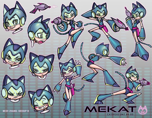 “HANDS UP! Don’t touch my sashimi.” Character design sheet for MEKAT: Catdroid Unit A4-89 