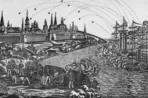 gagarin-smiles-anyway:“Bombardment of the Solovetsky Monastery by the English Navy”. A Russian lubok