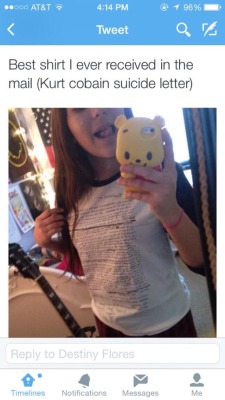 wallyedge:  lilbabyjo:  wallyedge:  ohyeahlashton:  agathophile:  this really fucking got to me. by wearing a shirt with kurt’s suicide letter, you are glorifying suicide. it should never, ever be fashionable to take your own life. furthermore, kurt