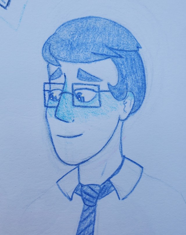 a colored pencil drawing of Logan, looking off to the side with a small smile