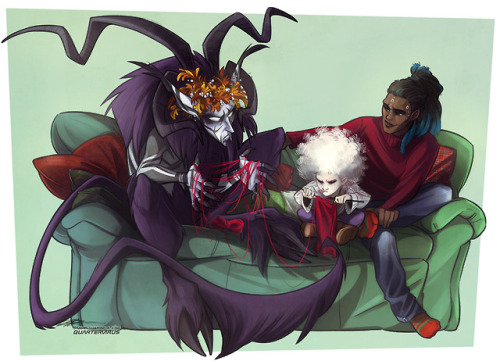 quartervirus:


A little something for @moonlitalien because if you thought I was done with the Krampus!Laz AU you clearly don’t know me very well. And where Lazab goes, Aawari has to follow.
Or in this case, Aawari and big brother Silas, who I absolutely butchered in my first attempt at their human forms. We thought after all the hell these two characters go through in their canon it was high time they had a ‘verse where they stayed together.
Merr Crimmus, Moon <3 Looks like your year is off to an awesome end, and I hope 2019 proves to be even better! #sakart#krampus#lazab#aawari#silas#moonlitalien#christmas#couch#yarn#knitting#albino#pagan#horns#faun
