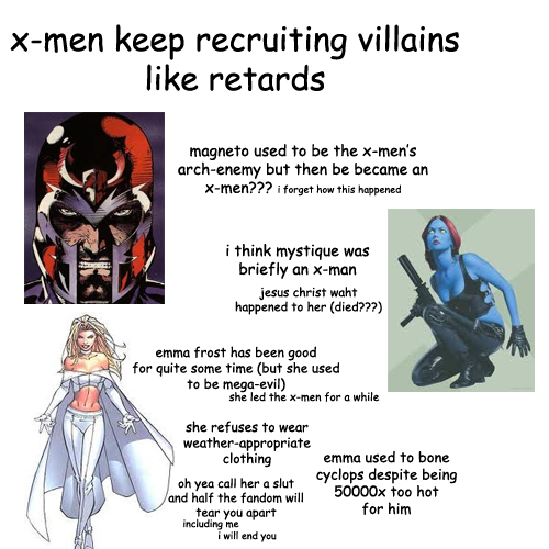 ricstar:  batcows:  bartony requested a beginners guide to x-men because she didn’t think i could do it who’s laughing now skank  This is only entirely true. 