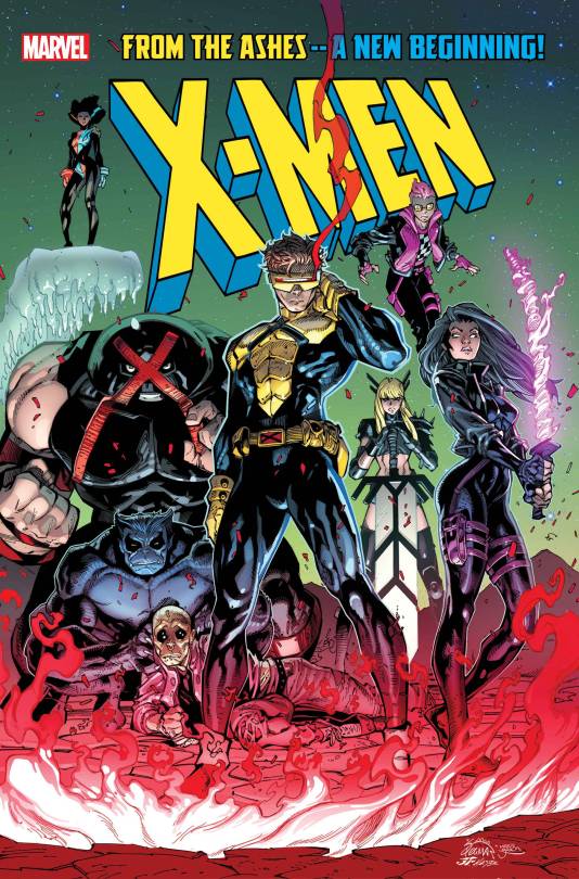 cover of X-Men vol. 7 #1 showing Cyclops leading a new team (Juggernaut, Beast, Magik, Kid Omega & Temper) to the right of Cyclops is Psylocke in a black skintight suit holding her purple psychic blade katana, she is standing upright but her butt is thrust out at her hips and her crotch is offset to her body so she looks kind of like a centaur in order to make her look like she has more of a butt, her stomach is very tiny