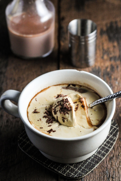 drinksfordrinkers:  Nutella Melt 4 c whole milk ¼ c nutella pinch salt 6 oz Frangelico 1 c heavy cream, chilled ¼ c confectioner’s sugar 2 tsp instant espresso powder ¼ c toasted hazelnuts, chopped, for garnish toasted coconut flakes,