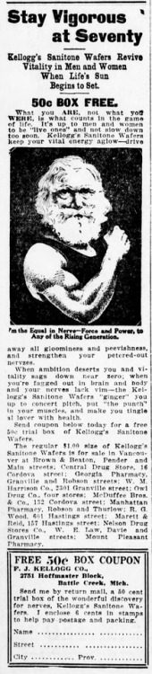 Stay vigorous at 70, Saturday 22 May 1915.I googled to see if this was the cereal Kellogg’s, but no,