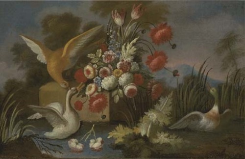 Nicola Casissa“Waterfowl with roses, parrot tulips, chrysanthemums and other flowers on a ledge by a