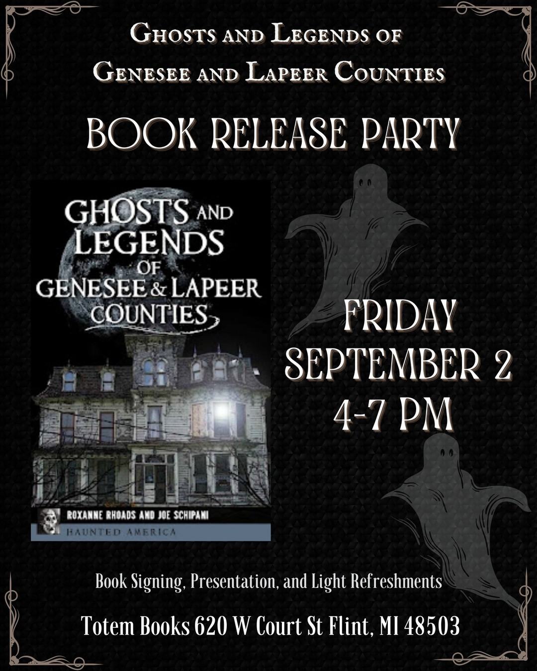FRIDAY, SEPTEMBER 2, 2022 AT 4 PM – 7 PM
Totem Books 620 W Court St, Flint, MI 48503
Book Release Party for Ghosts and Legends of Genesee and Lapeer Counties
https://ift.tt/mi5ker6 — view on Instagram https://ift.tt/4RroKCs