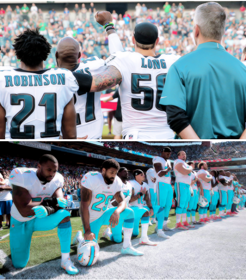 striveforgreatnessss: Players across NFL kneel or raise their fists during the playing of the nation