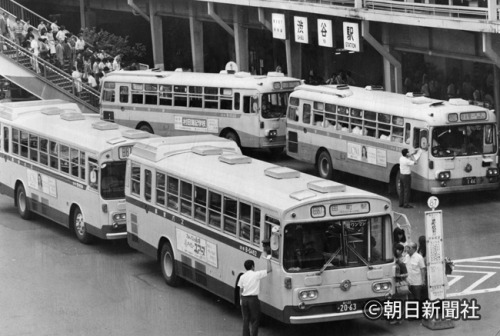 渋谷駅前に並んだ新旧都バス＝１９８１年