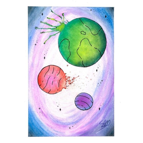 Bursting Planets #burst #planet #green #red #purple #space #watercolor #drawing #pencil #art #painting