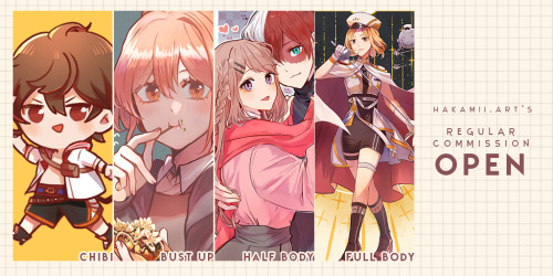 Both Regular and Ko-fi Commissions are Open! ～(‘▽^人) Regular Comm :  https://hakamiiart.wixsite.com/