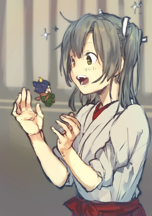 艦隊これくしょん、瑞鶴（艦これ）、妖精さん（艦これ）、fukazaki (g425hw45)、高解像度、リボン、きらめき、ヘアリボン、ロングヘア、ツインテール、ホワイトリボン、和服、幼児退行、結んだ髪、緑目、緑髪、複数の女性、開口、青い髪、髪飾り、鳥