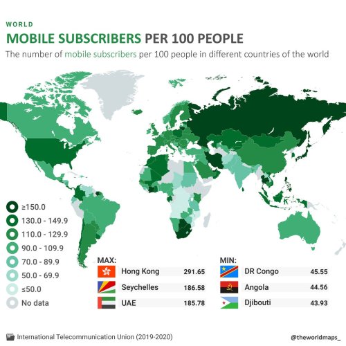 raginrayguns: afloweroutofstone: mapsontheweb:The number of mobile subscribers per 100 people in dif