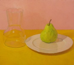 bagpipesolo:  Glass vessel, plate and pear