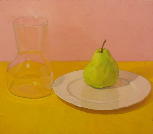 bagpipesolo:  Glass vessel, plate and pear still life, oil on board, 35 x 40 cm