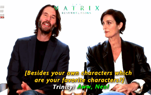 lostsoulincssea:



Carrie-Anne Moss: I feel very grateful that I’ve spent the time that I’ve spent with Keanu, He definitely inspires me in a lot of different ways in the work. But as a human being, I feel impacted by being around him and having him as my friend. I hold that super dear to my heart, and it goes beyond the movie and what we do.Keanu Reeves: I feel the same way about you. We partner up in difficult times but also in the joyous times. You know? 