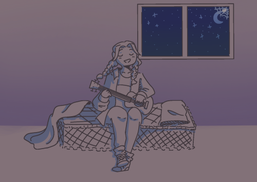 A digital drawing of Hannah Foster from Black Friday sitting on a messy mattress, playing her ukelele in the middle of the night.