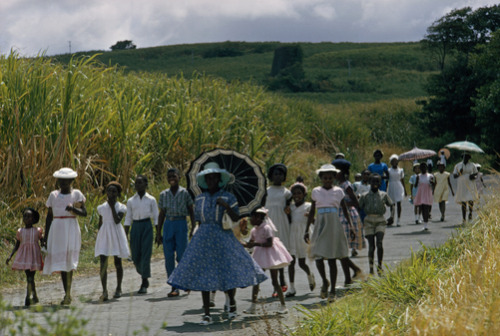 unrar:    Families of sugar cane workers in dress clothes walk home from church,   Saint Kitts Island, Winfield Parks.