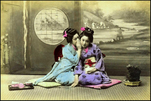 Gossiping geishas, circa 1880s slightly hand-colored albumen print