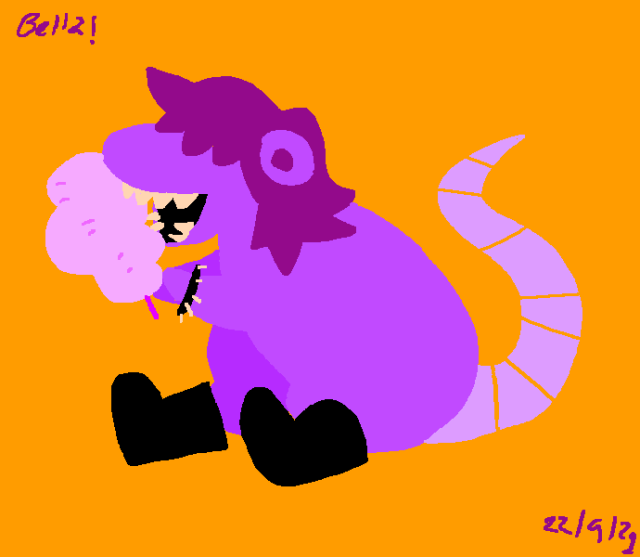 a rat eating cotton candy, the rat looks suspiciously a lot like Susie from Deltarune and is wearing black boots and spiky bracelets. the background is orange