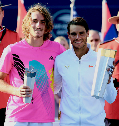 tylerscrispen: Stefanos Tsitsipas and Rafael Nadal at the Rogers Cup Final Trophy Ceremony in Toront