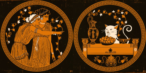 alexandriad:woman yelling at cat meme but make it ancient greek red figure pottery~~~memum feminae a