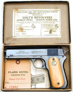 twippyfan:  Colt Pocket Hammer 1903, .38 ACP c.1928 (very late for this model) Only 1 of 30 sent with Factory Ivory medallion grips. Blued with case hardened trigger and spurred hammer. May have been used by a “house detective” 
