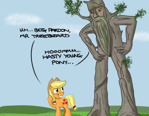 hoofclid:Ents emerge from the Everfree Forest from time to time to check on the nearby woods and trees. Fortunately they know Applejack is good to the trees, so they may forgive the occasional wayward apple-buck. x3