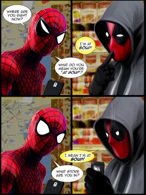 geminidragonjasminealexandra:  SpideyPool Soup These guys get along like soup! Inspired & based on this video. Wonder where is this soup store is? 