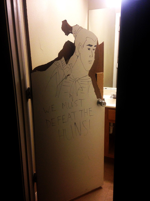 hot-potato-cold-bazooka:  hot-potato-cold-bazooka:  So I’m moving into a new apartment, and I was told that the room had been damaged, but nothing could have prepared me for the fact that someone had carved Li Shang’s head out of the bathroom door