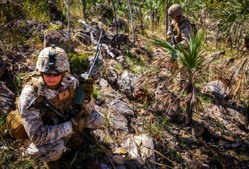 militaryarmament:  A machine gunner with Bravo Company, 1st Battalion, 5th Marine Regiment, Marine Rotational Force - Darwin, radios in a position report while on a patrol during a week-long squad competition aboard Kangaroo Flats Training Area, June
