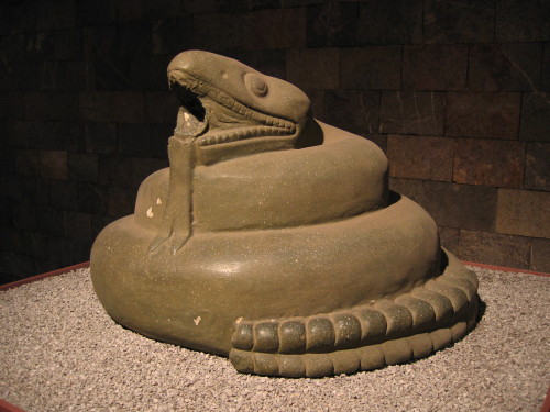 Aztec sculpture of a coiled rattlesnake.  Now in the National Museum of Anthropology, Mexico City.  