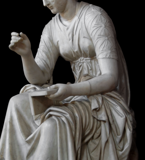 Ancient Roman statue of Calliope, muse of epic poetry, dated to the 2nd century CE. Marble. Currentl