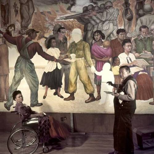 sartle-blog: Frida Kahlo, accompanying Diego Rivera while painting the mural “Nightmare of war, Drea