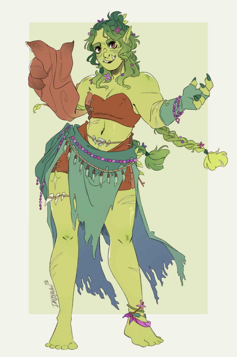 Minimally shaded reference drawing for an half-orc druid character.