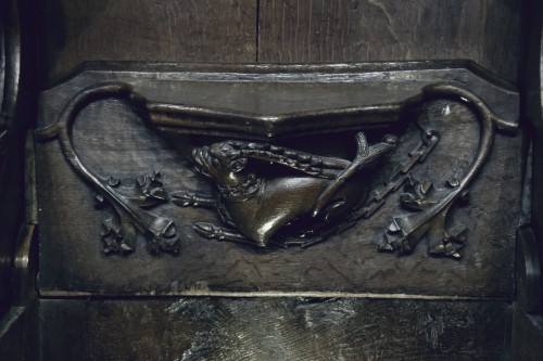 A collection of mythical creature Misericords including Blemmyes, Woodwose and a Yale- Ripon Cathedr