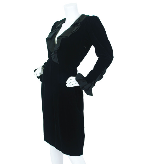 Yves Saint Laurent 1980′s Black Velvet &amp; Silk Satin Ruffle Dressavailable on Featherstone Vintag