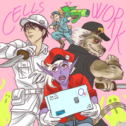 Little drawing for my main party! our pgs as characters from cells at work!