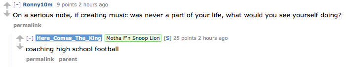 jacquemander:  there-were-giants:  Snoop Dogg/Lion has been doing an AMA on Reddit