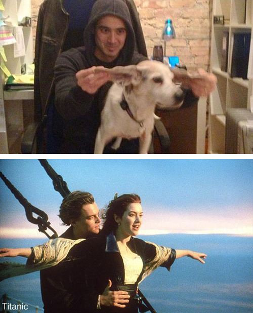 the-absolute-best-posts:   tastefullyoffensive:  Guy Re-Enacts Classic Romantic Movie Scenes With His Boss’s Dog On His Lunch Breaks [mmsspp/via]Previously: Classic Movie Quotes Updated For The Digital Age   This post has been featured on a 1000Notes.com