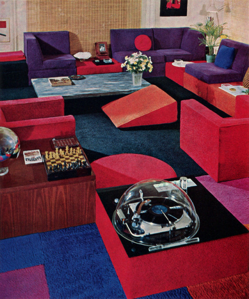 thegroovyarchives:70′s Living Room DesignFrom House & Garden’s Complete Guide To Interior Decoration, 1970.