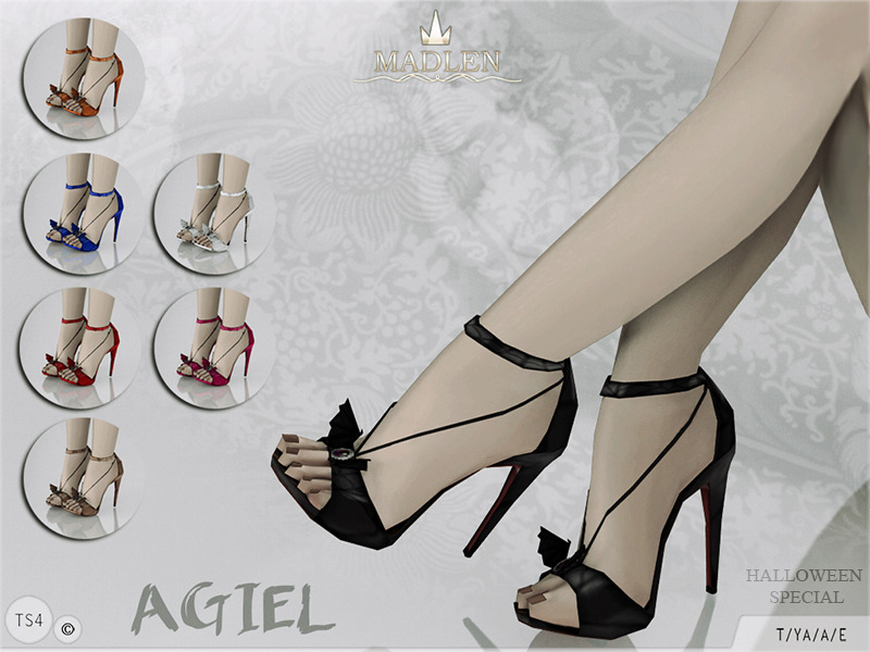 Madlen Agiel Shoes
Sexy and spooky at the same time! Just the perfect thing your sim needs this Halloween. Come in 7 colours (patent leather texture). Joints are perfectly assigned. All LODs are replaced with new ones.
You cannot change the mesh, but...