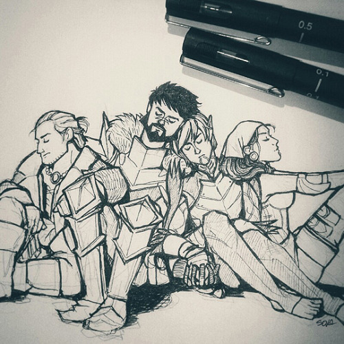 geeky-sova: Day 9 - hanging out with friends (Varric, Hawke + Fenris, Isabela = my default team) [ x