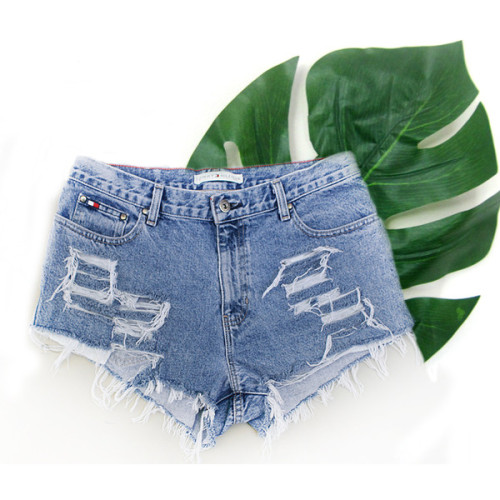 High Waist Vintage Tommy Hilfiger Denim Fringe Cutoff Ripped Grunge Punk Beach Girl Shorts Size Smal