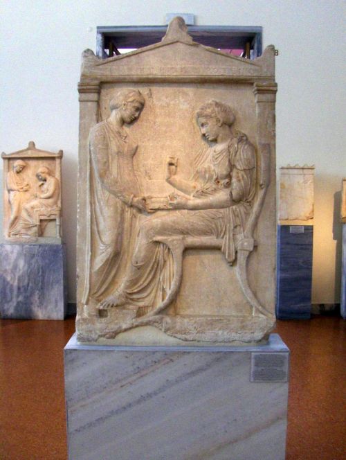 Grave stele of HegesoKoroibo’s wife Hegeso is admiring her jewels with a servant. (late 5th century 