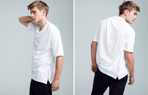 chriscruzism:Refresh Your Fit with the New Arrivals by Simons are essentials wardrobe for guys including sweatpants, long tunic shirts, also tees, side zip tee, roll-sleeve tee, tanks, complementing with white or dark sneaks. Model Bo Develius is