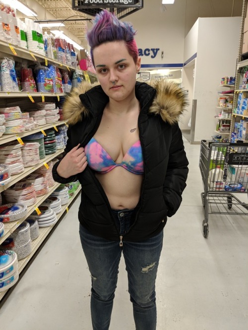 Decided to be a naughty little exhibitionist slut tonight and flash my bra at the grocery store. If 