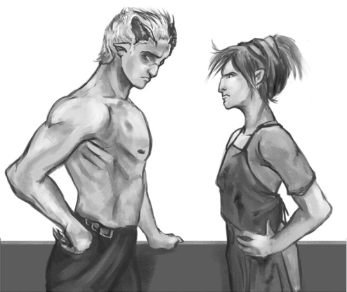 My Adaar from DAI and his beloved Ivy, my half-elf-OC.And few sketches with them 10 and 15 year