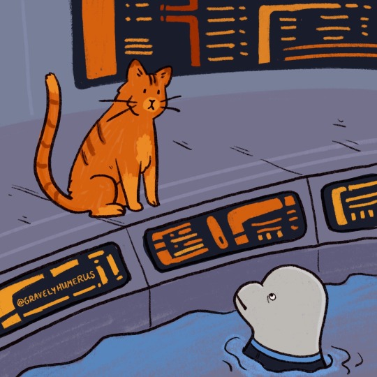 Fanart depicting Spot the cat from Star Trek: The Next Generation hanging out with a whale in the Enterprise’s cetacean area. 